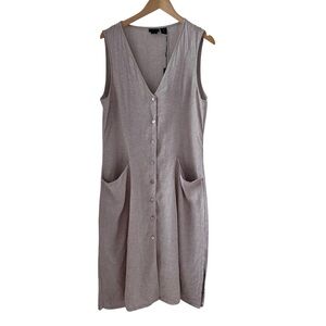 Tahari 100% Linen Sleeveless Midi Dress Khaki Button Front V-Neck Size 14 NWT